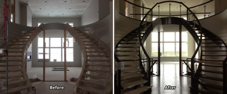 Before-and-after picture of a home’s staircase area being painted